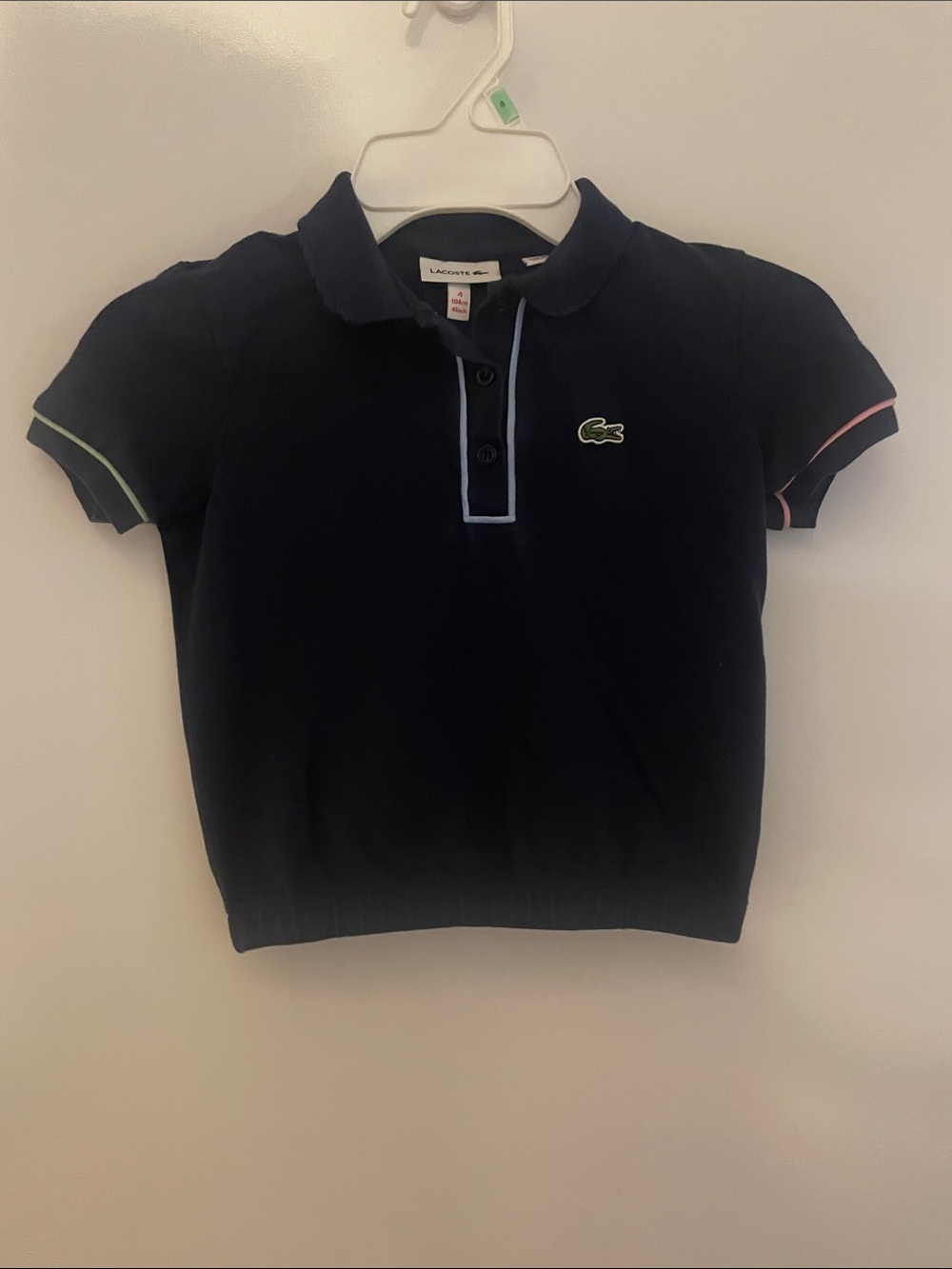 Lacoste Navy Blue Polo Short Sleeve Shirt Elastic Hem Girl’s Size 4